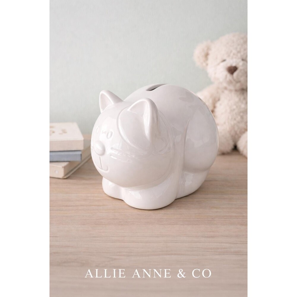 Vintage White Ceramic Cat Piggy Bank | Minimalist Nursery Decor | Sleeping Cat C